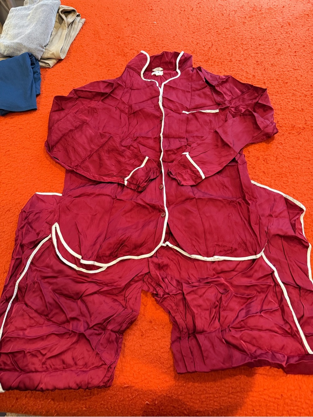 Aerie Satin Silky Burgundy Pajama Set with White Piping Medium
